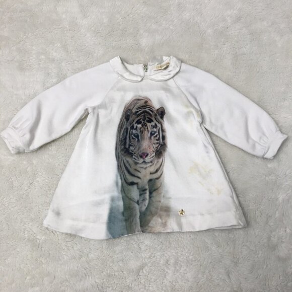 Roberto Cavalli Baby Girl Tiger Dress Long Sleeve White Size 3 Months